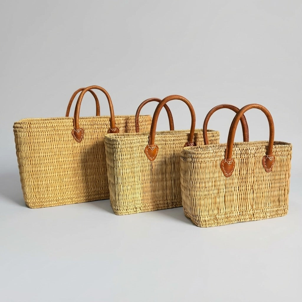 Rectangular Straw Market Bag with Leather Handles - Woven Beach Tote