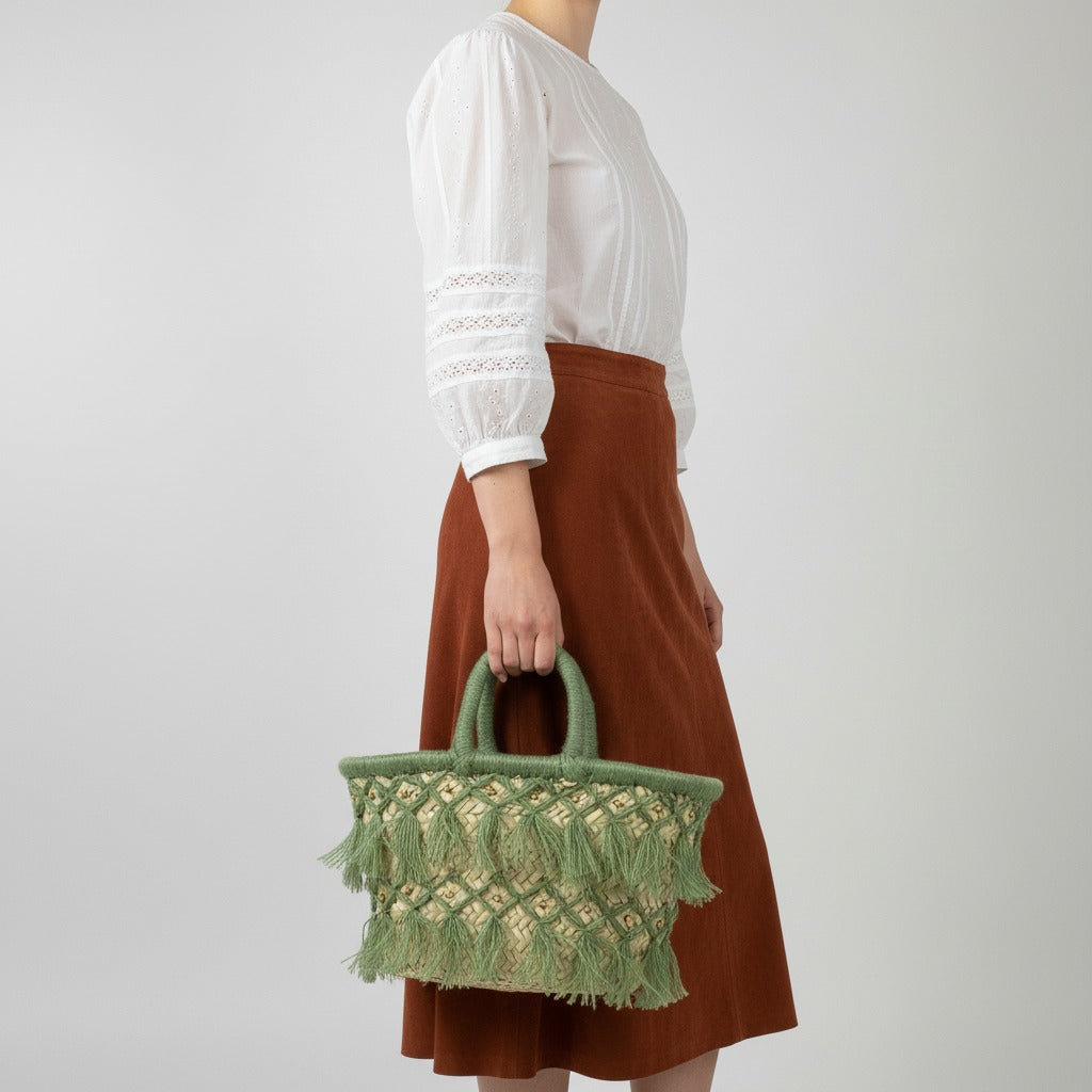 Woven Straw Tote Bag Macrame Fringe Boho Beach Basket