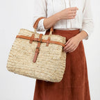 Woven Straw Tote Bag with Leather Handles & Strap - Summer Basket