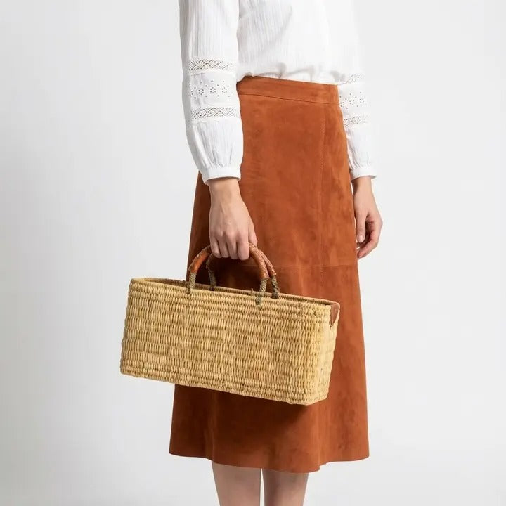 Rectangular Straw Storage Basket with Leather Handles