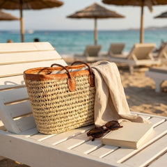 Raffia Tote – Woven Straw Basket Bag with Real Leather Trim