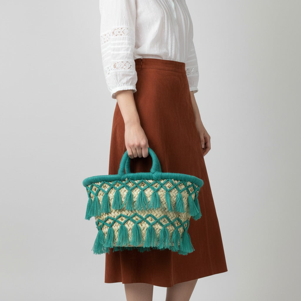 Woven Straw Tote Bag Macrame Fringe Boho Beach Basket