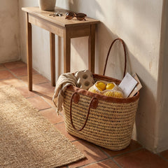 Raffia Tote – Woven Straw Basket Bag with Real Leather Trim