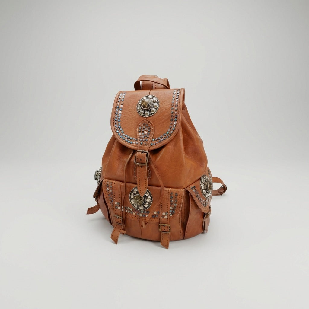 Vintage Style Leather Backpack Boho Western Rucksack with Studs