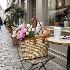 Raffia Tote – Woven Straw Basket Bag with Real Leather Trim