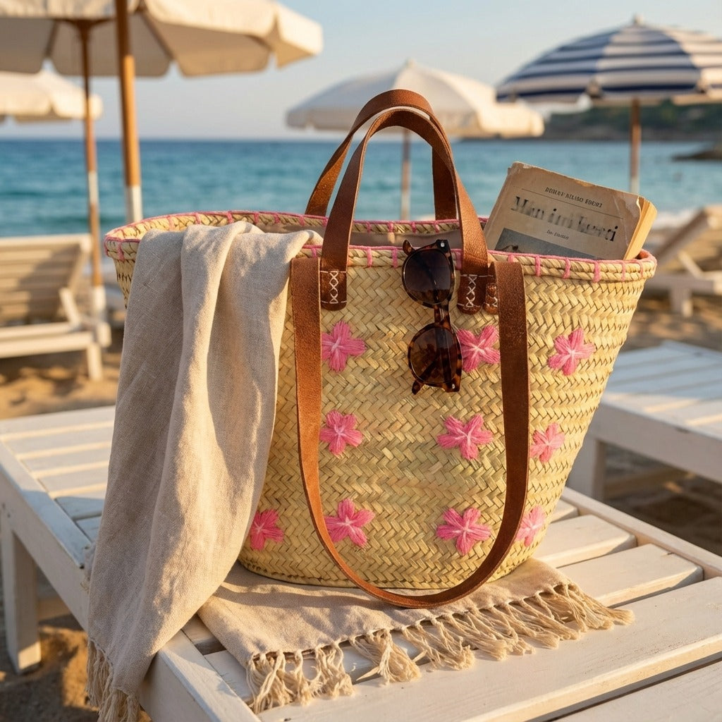 Embroidered Straw Tote Bag Floral Market Basket Leather Handles