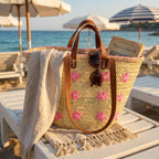 Embroidered Straw Tote Bag Floral Market Basket Leather Handles
