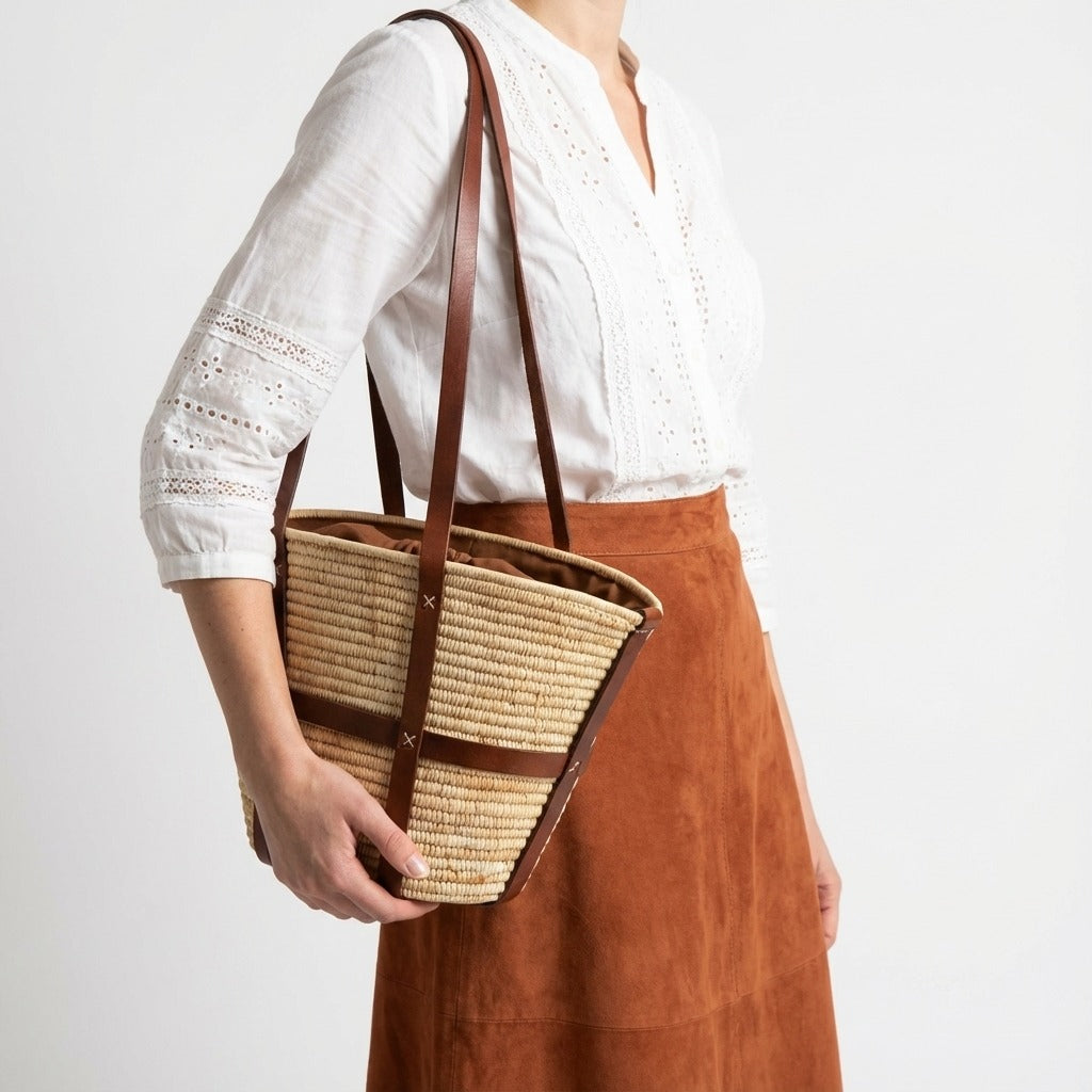 Woven Raffia Tote Bag with Leather Straps & Drawstring Lining