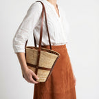 Woven Raffia Tote Bag with Leather Straps & Drawstring Lining