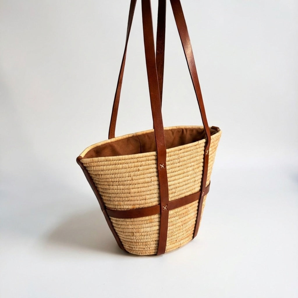Woven Raffia Tote Bag with Leather Straps & Drawstring Lining