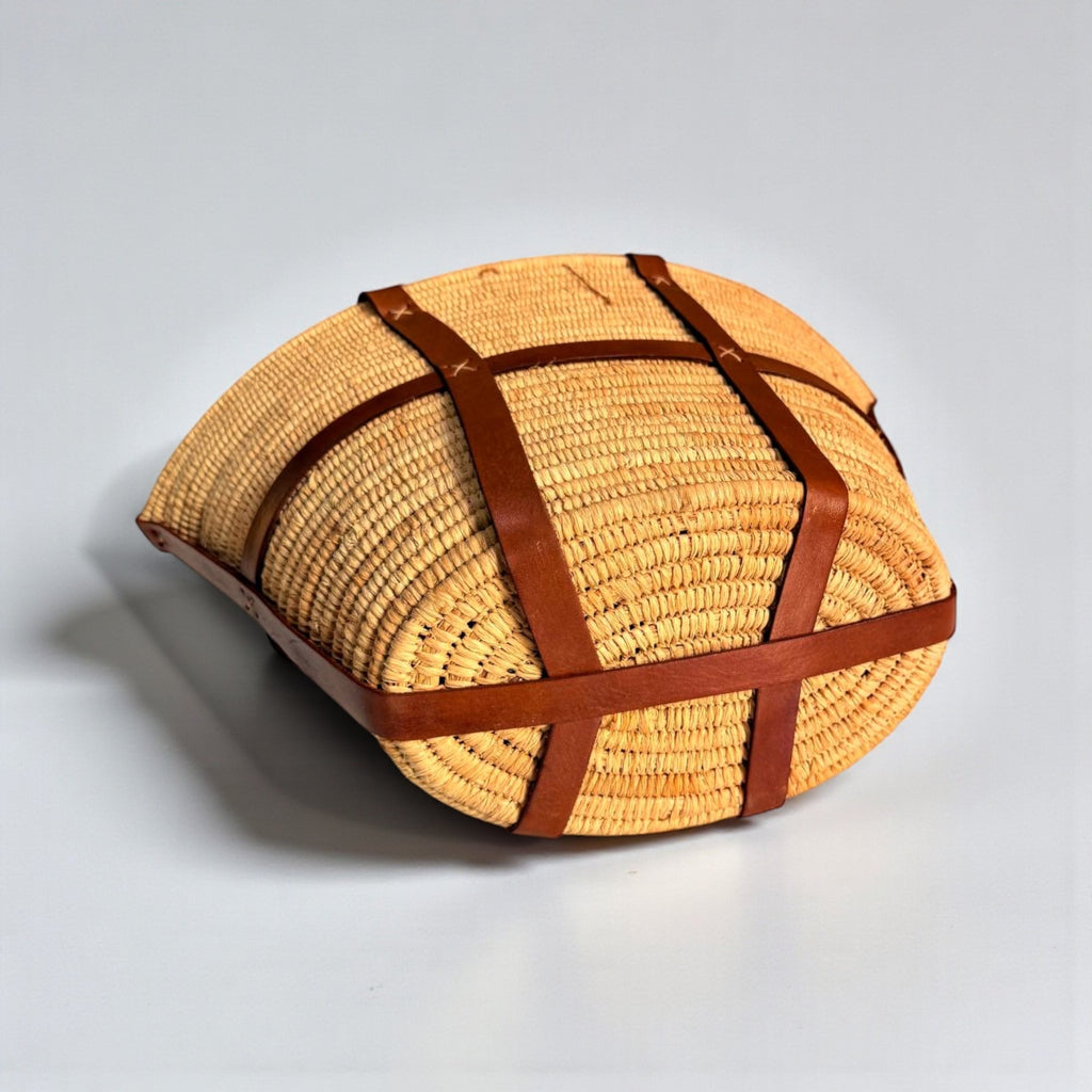 Woven Raffia Tote Bag with Leather Straps & Drawstring Lining