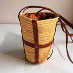 Woven Raffia Tote Bag with Leather Straps & Drawstring Lining