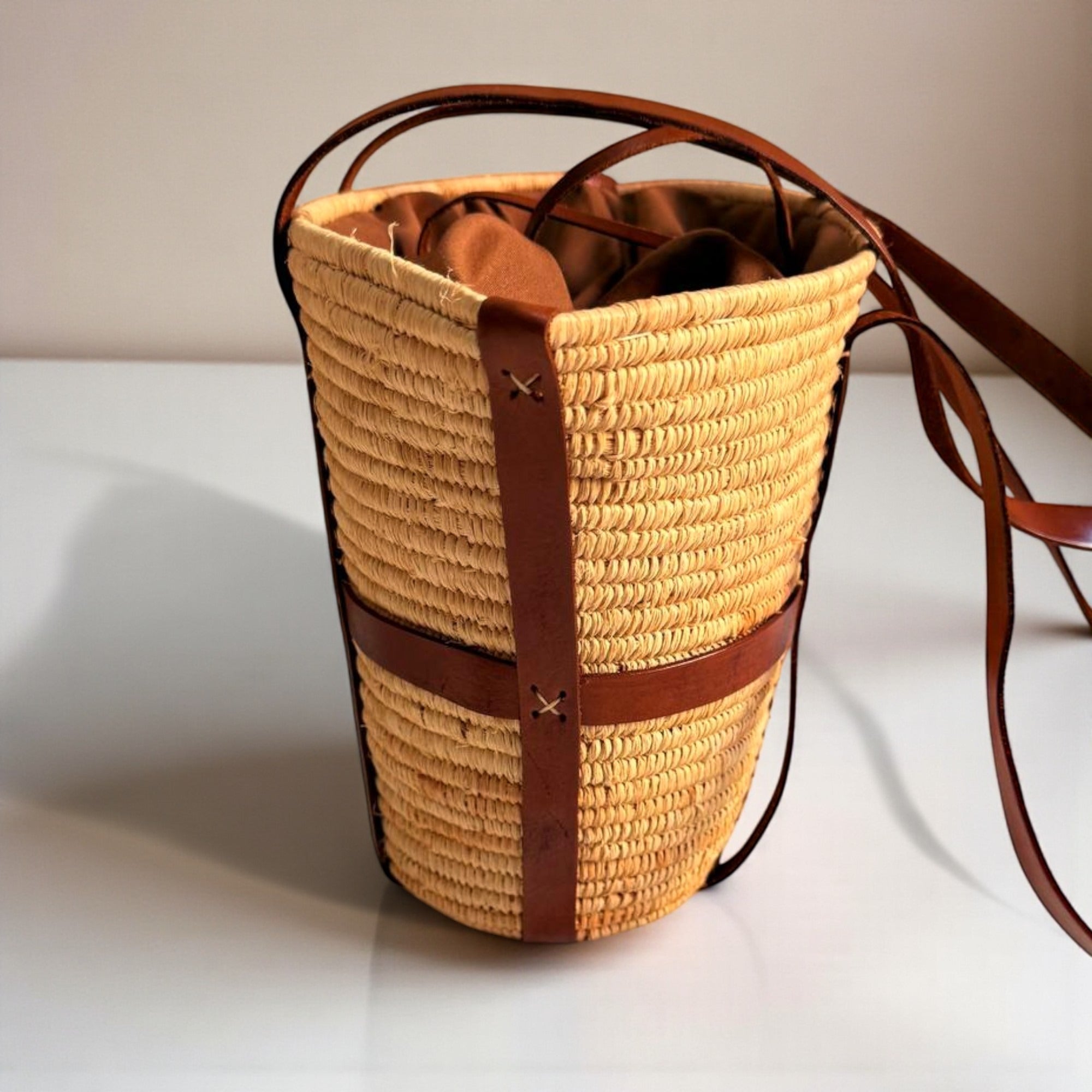 Woven Raffia Tote Bag with Leather Straps & Drawstring Lining