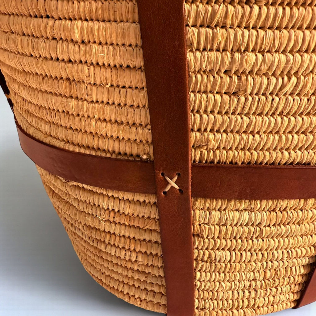 Woven Raffia Tote Bag with Leather Straps & Drawstring Lining