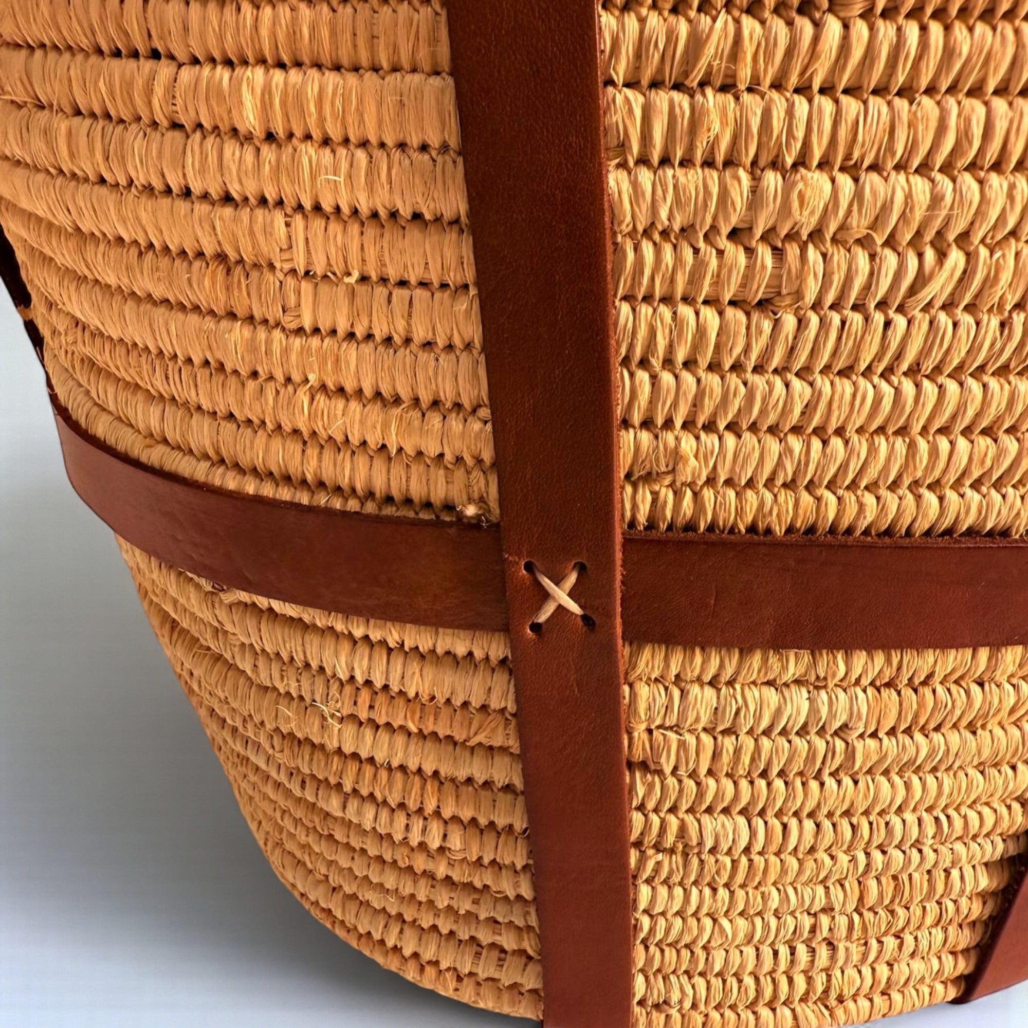 Woven Raffia Tote Bag with Leather Straps & Drawstring Lining