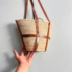 Woven Raffia Tote Bag with Leather Straps & Drawstring Lining
