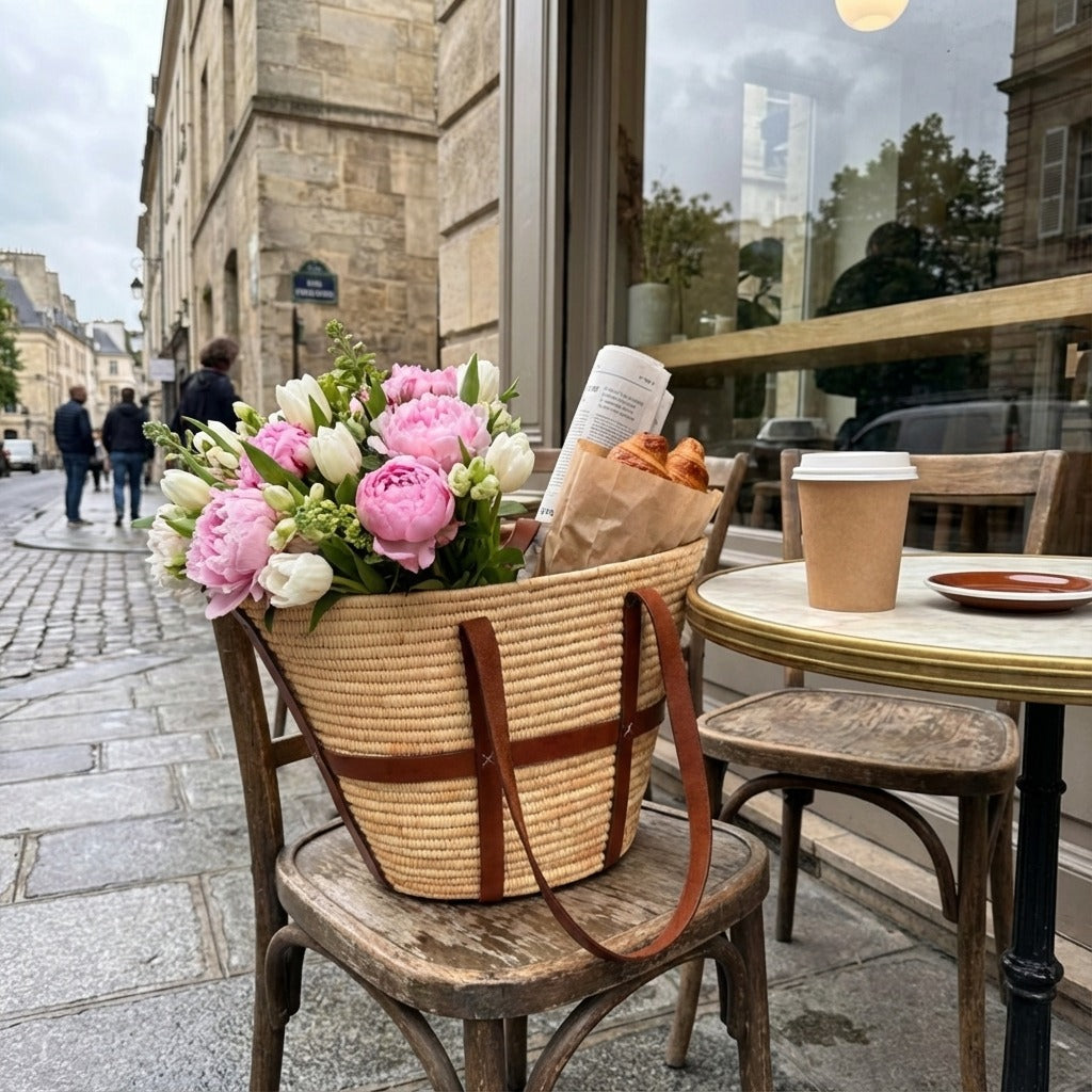Woven Raffia Tote Bag with Leather Straps & Drawstring Lining