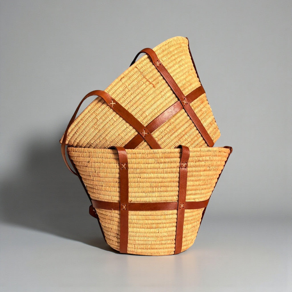 Woven Raffia Tote Bag with Leather Straps & Drawstring Lining