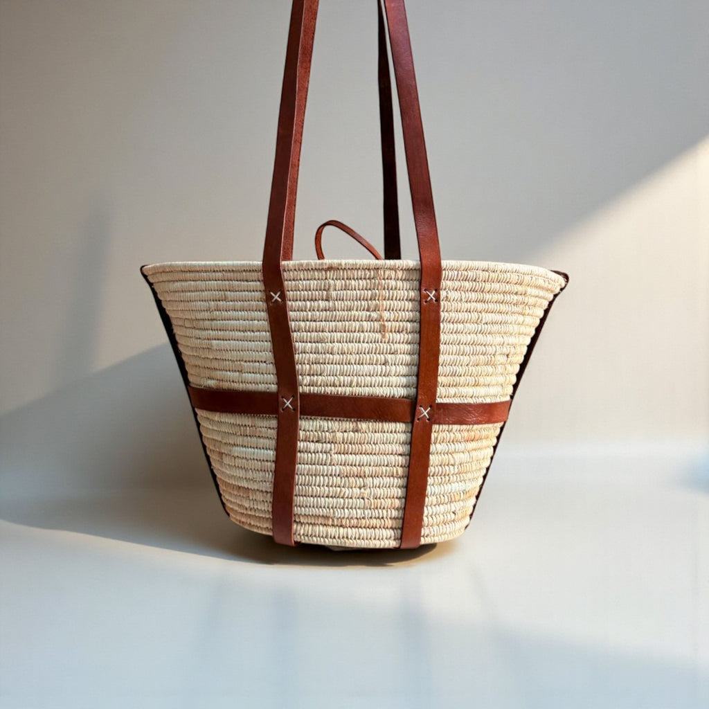 Woven Raffia Tote Bag with Leather Straps & Drawstring Lining