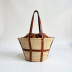 Woven Raffia Tote Bag with Leather Straps & Drawstring Lining