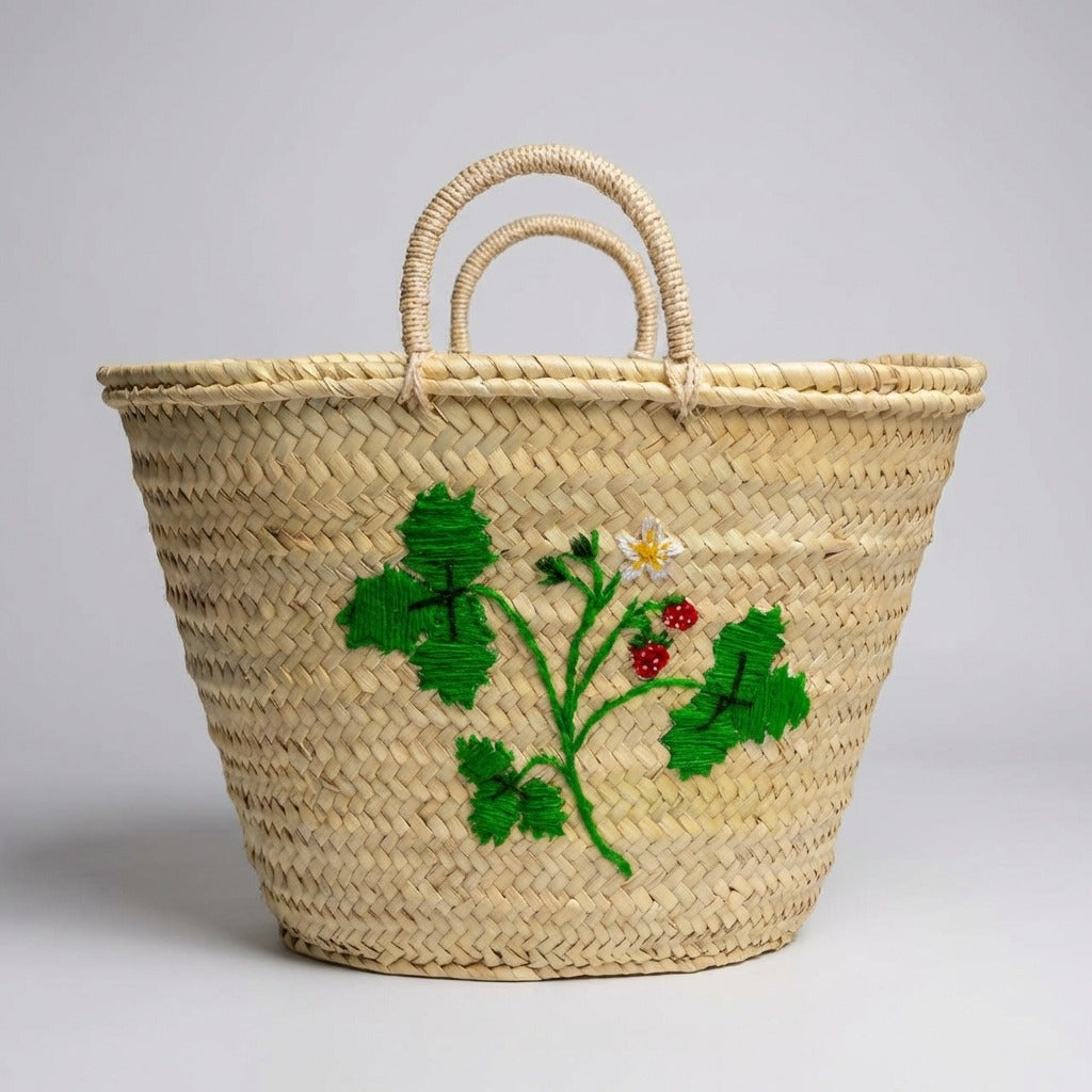 Strawberry Embroidered Straw Basket Bag - Handmade Market Tote