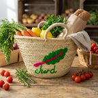 Embroidered Chard Straw Market Basket - Handwoven French Style Tote