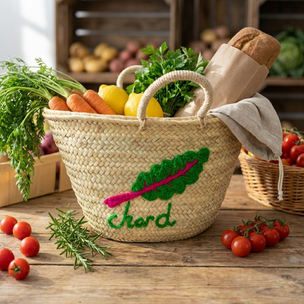 Embroidered Chard Straw Market Basket - Handwoven French Style Tote