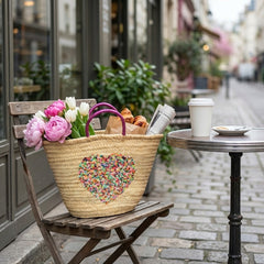 Sequin Heart Straw Beach Tote | Glamorous Glitter Handle Summer Bag