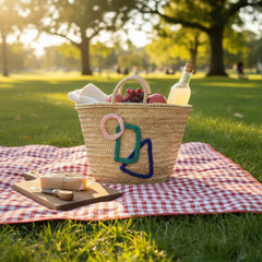 Geometric Embroidered Woven Straw Market Basket Tote