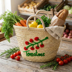 Tomato Embroidered Straw Basket - Handmade Woven Market Tote Bag