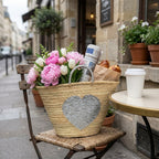 Sequin Heart Straw Market Basket - Handmade Boho Beach Tote Bag