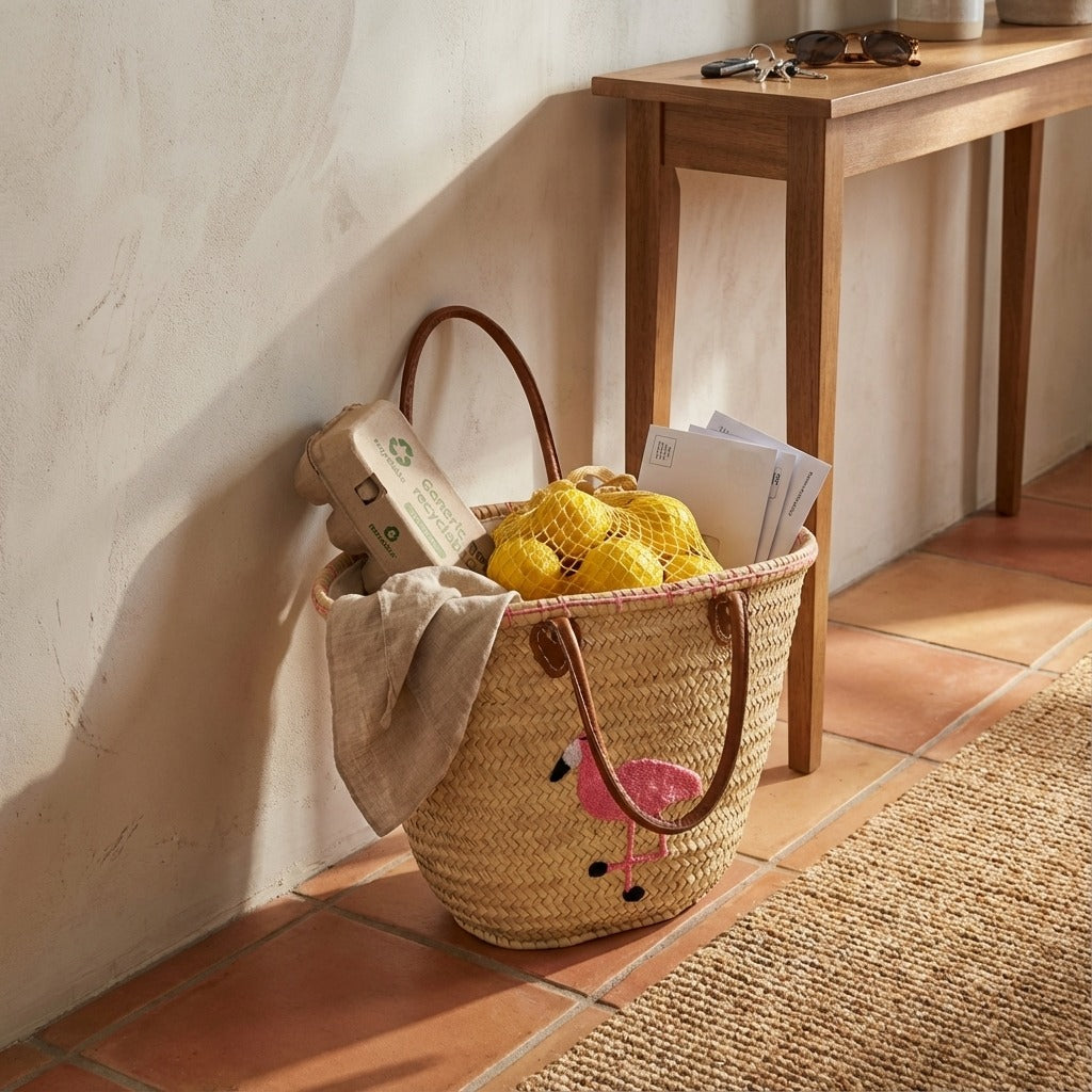 Flamingo Straw Beach Bag Woven Tote with Leather Handles