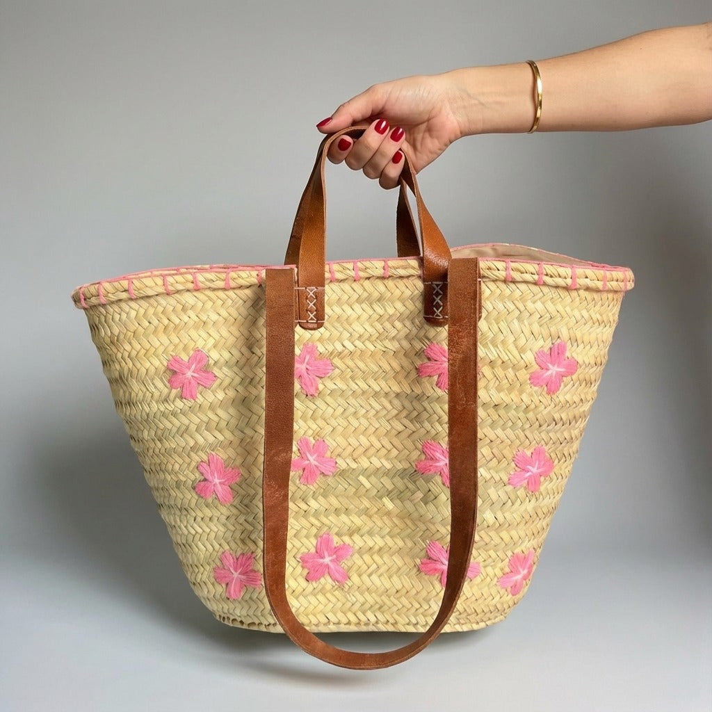 Embroidered Straw Tote Bag Floral Market Basket Leather Handles