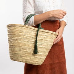 Woven Palm Leaf Market Basket Leather Handles Tassel