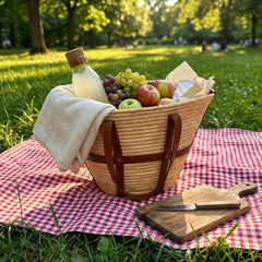Raffia Market Basket Tote – Real Leather Straps, Woven Straw