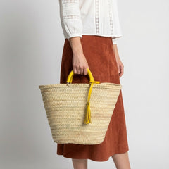 Woven Palm Leaf Market Basket Leather Handles Tassel