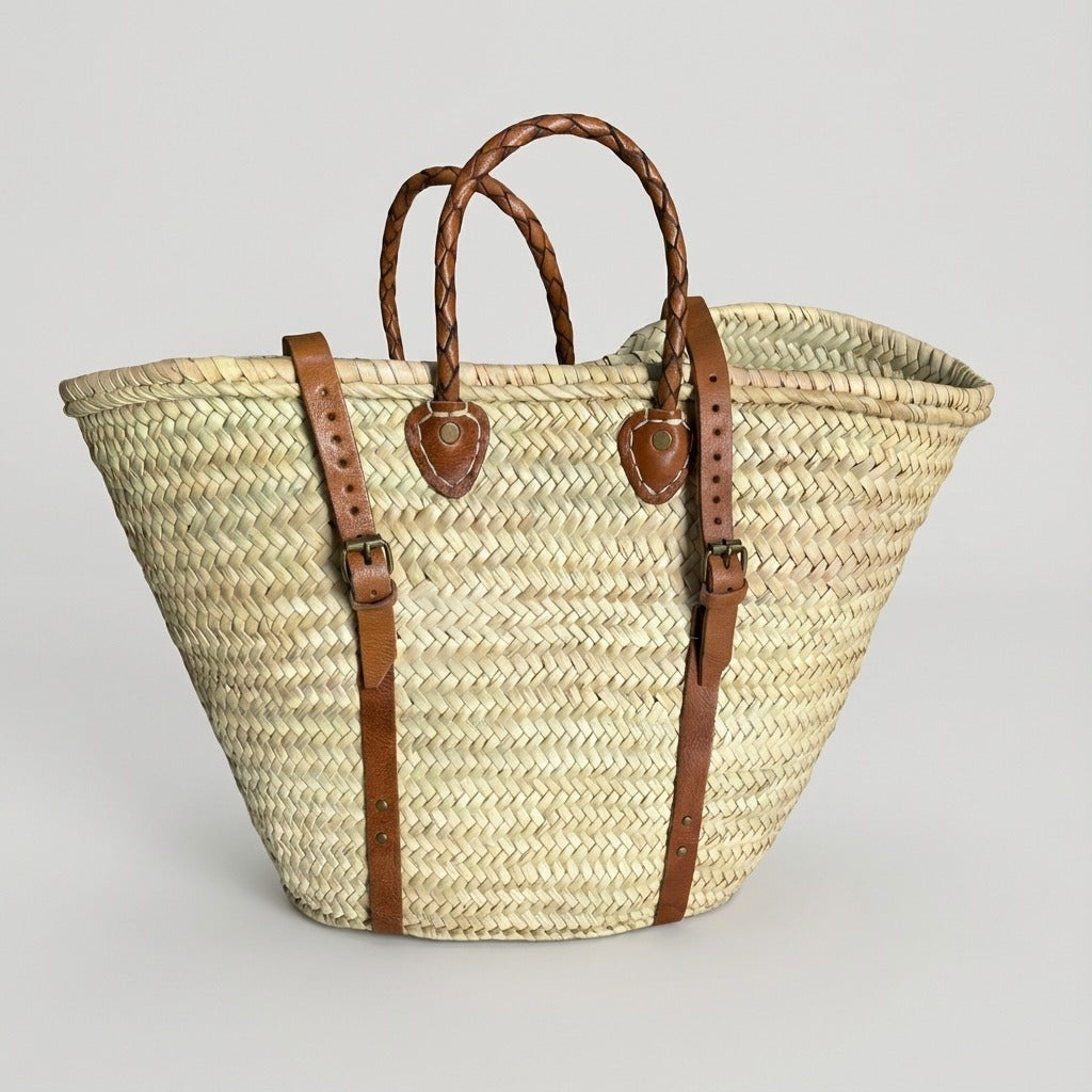 French Market Backpack Woven Straw Basket with Leather Straps