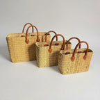 Rectangular Straw Market Bag with Leather Handles - Woven Beach Tote