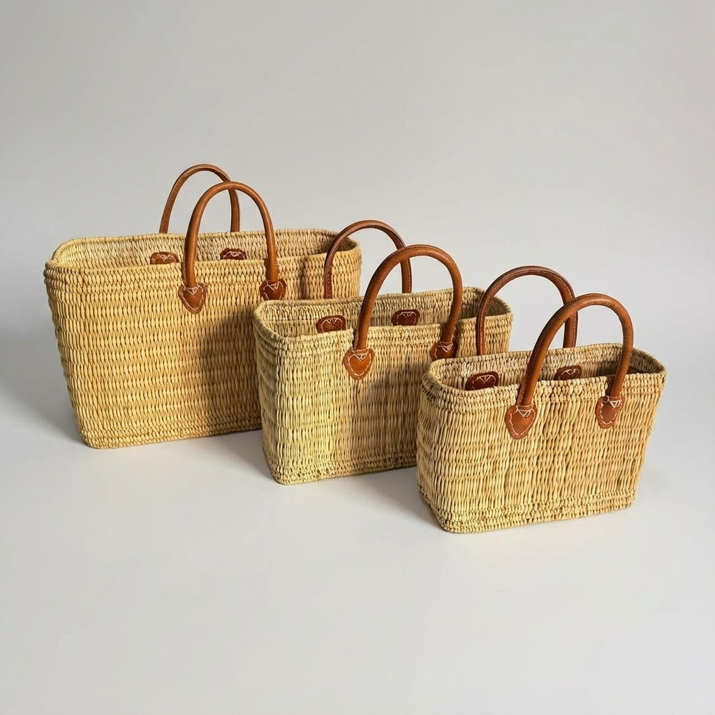 Rectangular Straw Market Bag with Leather Handles - Woven Beach Tote