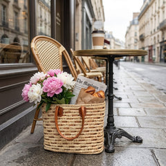 Staw Market Basket Tote – Woven Palm Leaves, Leather Handles