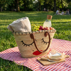 Woven Straw Tote Bag with Embroidered Face and Leather Handles