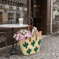 Embroidered Cactus Straw Tote Bag with Leather Handles - Summer Beach & Market Carryall