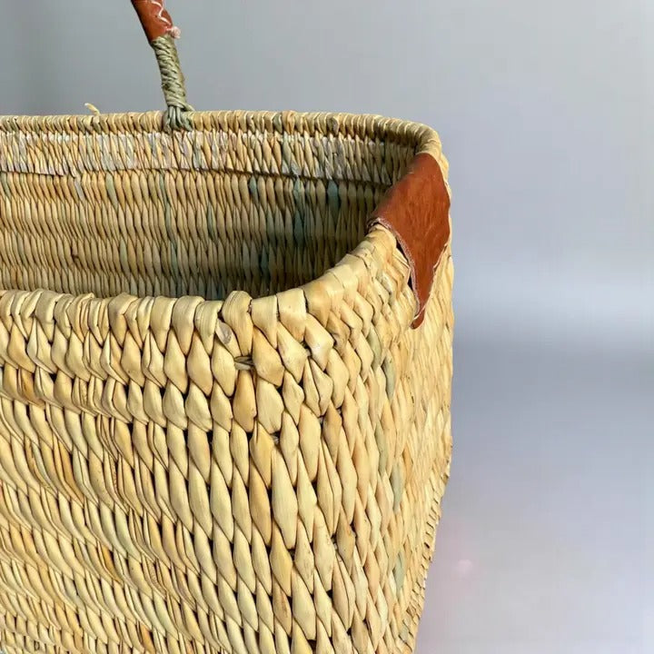 Rectangular Straw Storage Basket with Leather Handles