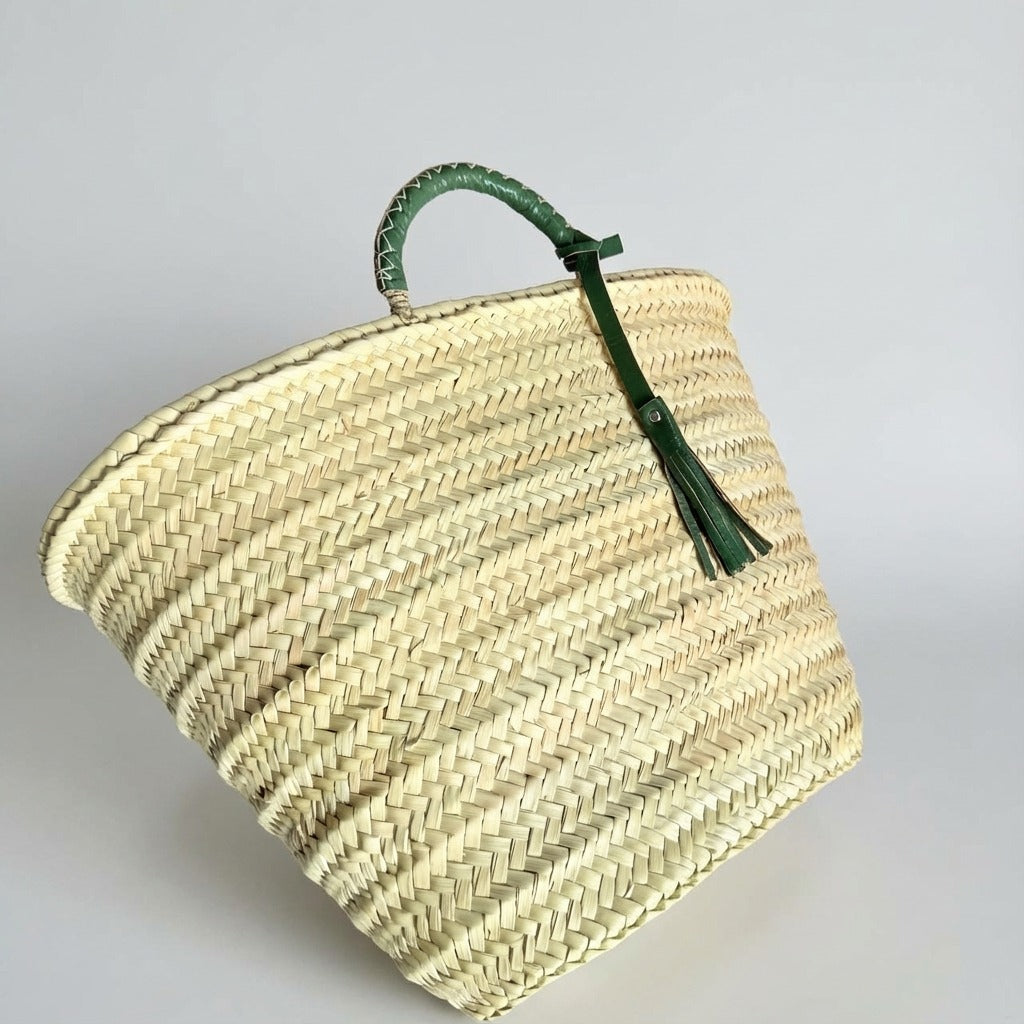 Woven Straw Market Tote with Leather Handles & Tassel