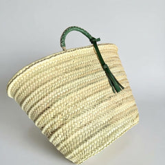 Woven Palm Leaf Market Basket Leather Handles Tassel