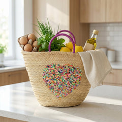 Sequin Heart Straw Beach Tote | Glamorous Glitter Handle Summer Bag