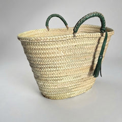 Woven Palm Leaf Market Basket Leather Handles Tassel