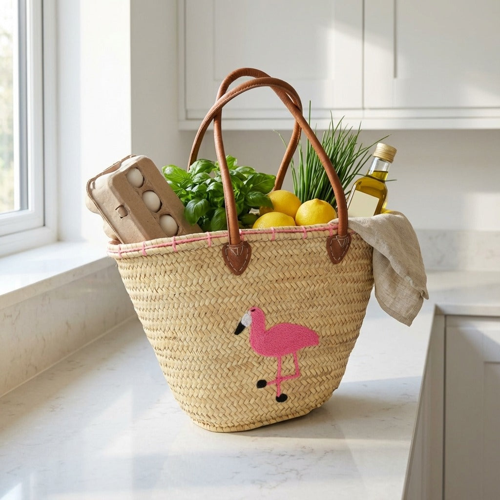 Flamingo Straw Beach Bag Woven Tote with Leather Handles