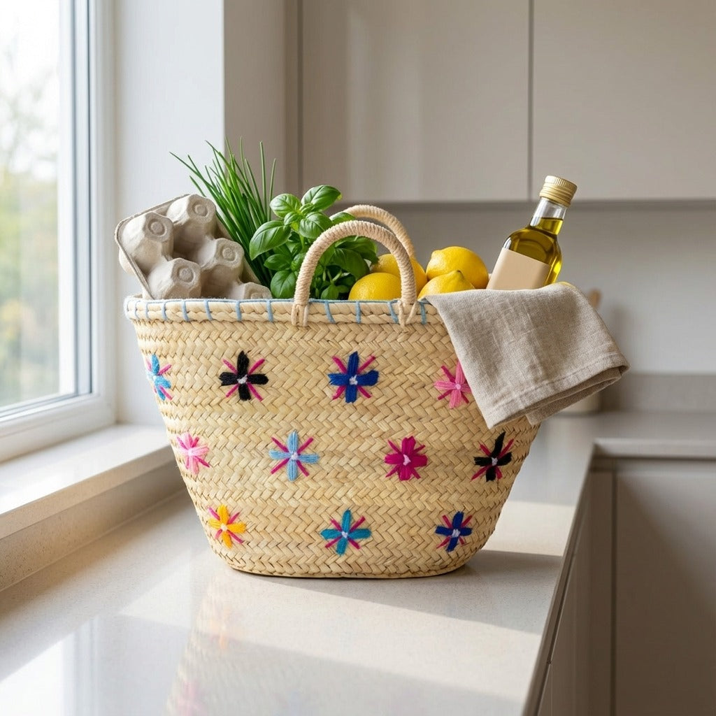 Floral Embroidered Straw Market Basket - Boho Woven Tote Bag