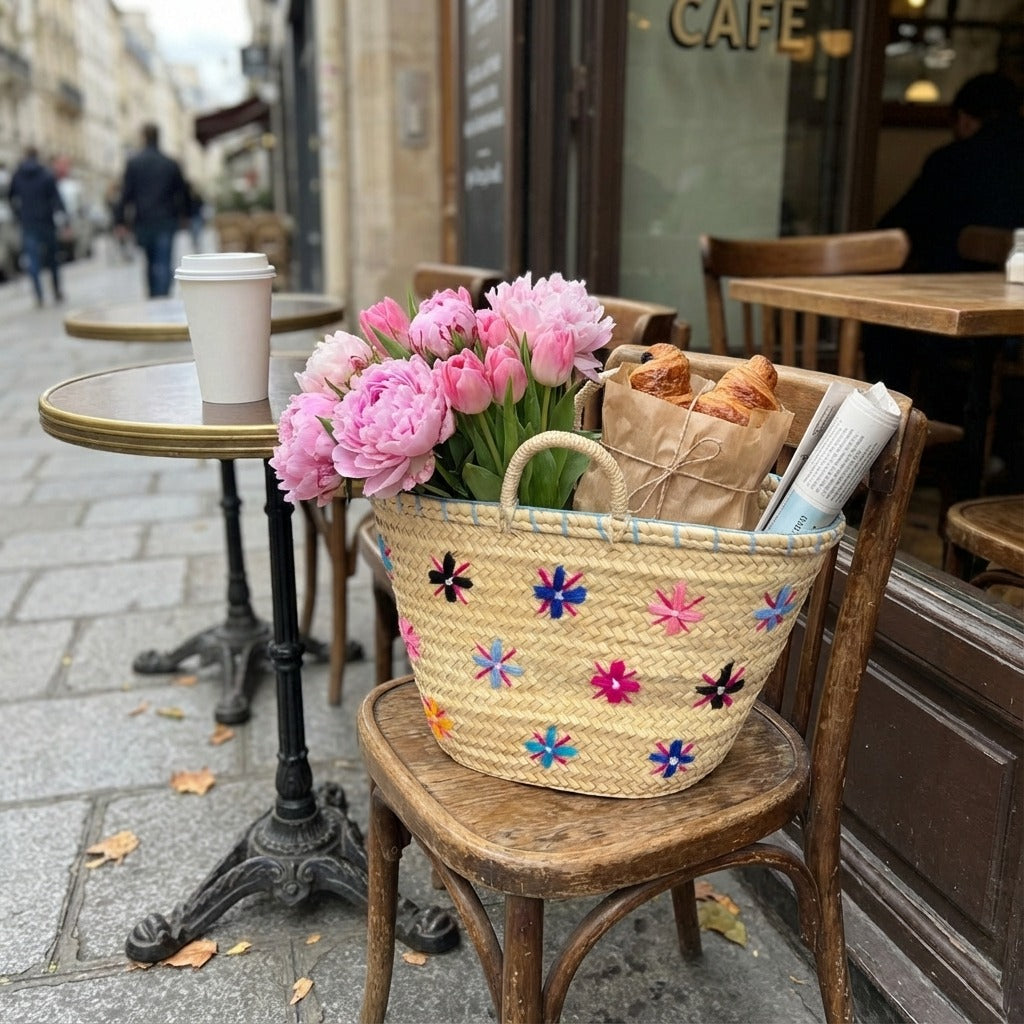 Floral Embroidered Straw Market Basket - Boho Woven Tote Bag